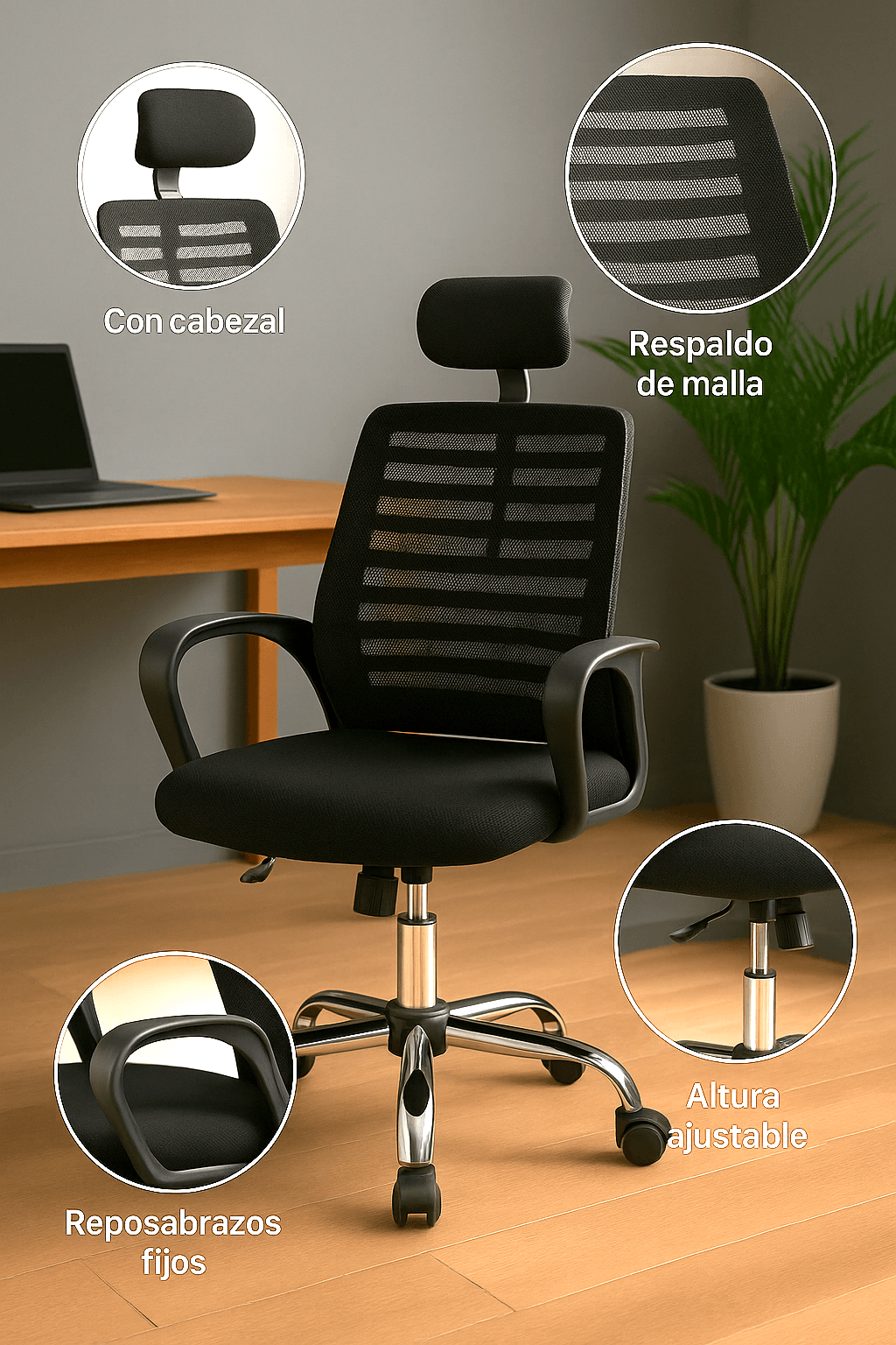 Silla Ergonómica de Escritorio con Cabecera