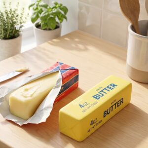 Squishy con forma de barra de manteca junto a una manteca real